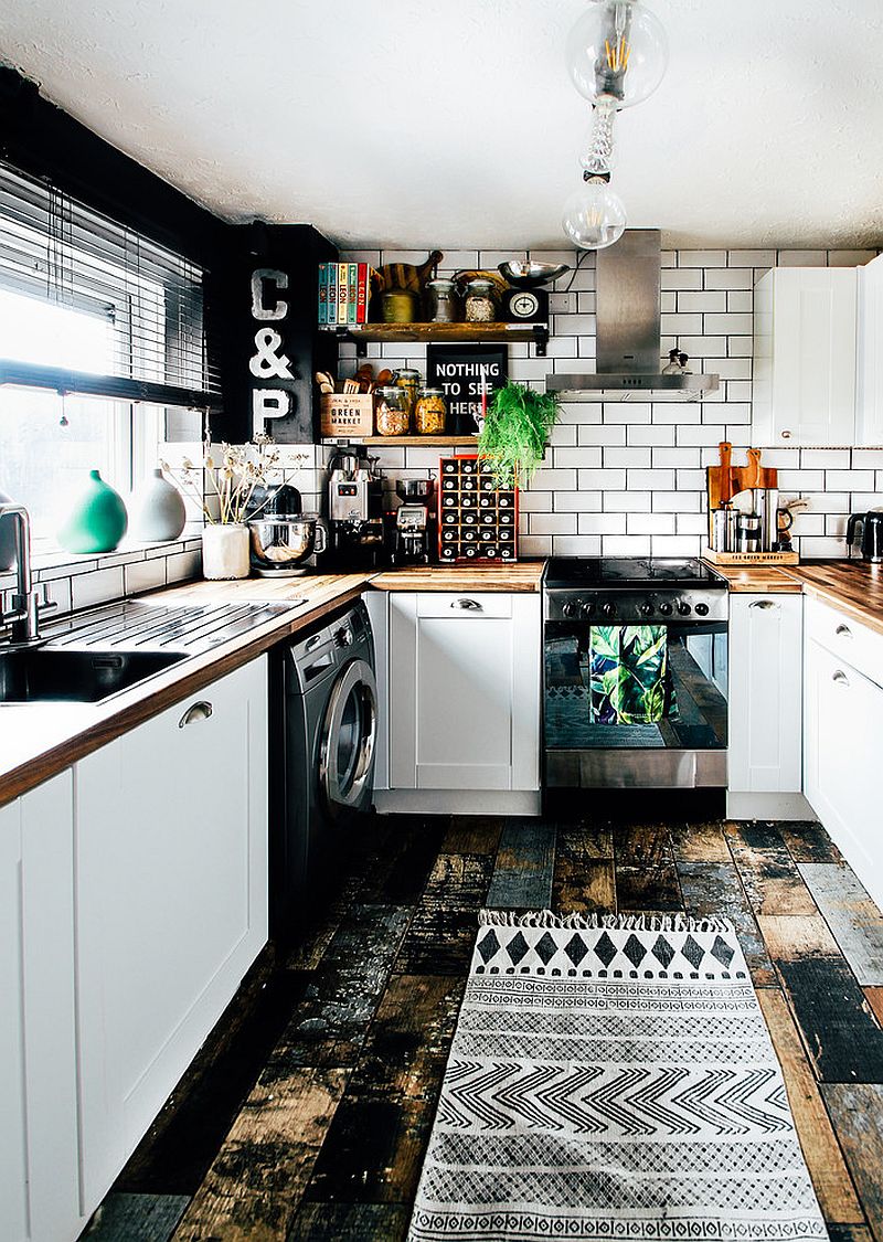 Light-filled, low-budget eclectic kitchen in black and white