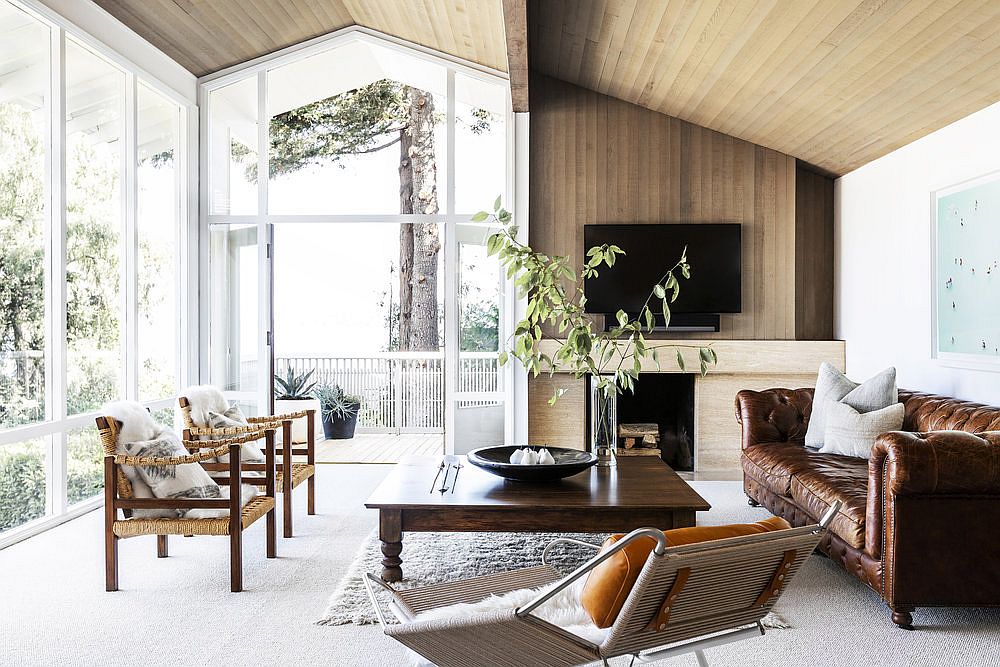 Living room of the remodeled midcentury modern home on Mercer Island overlooking Lake Washington