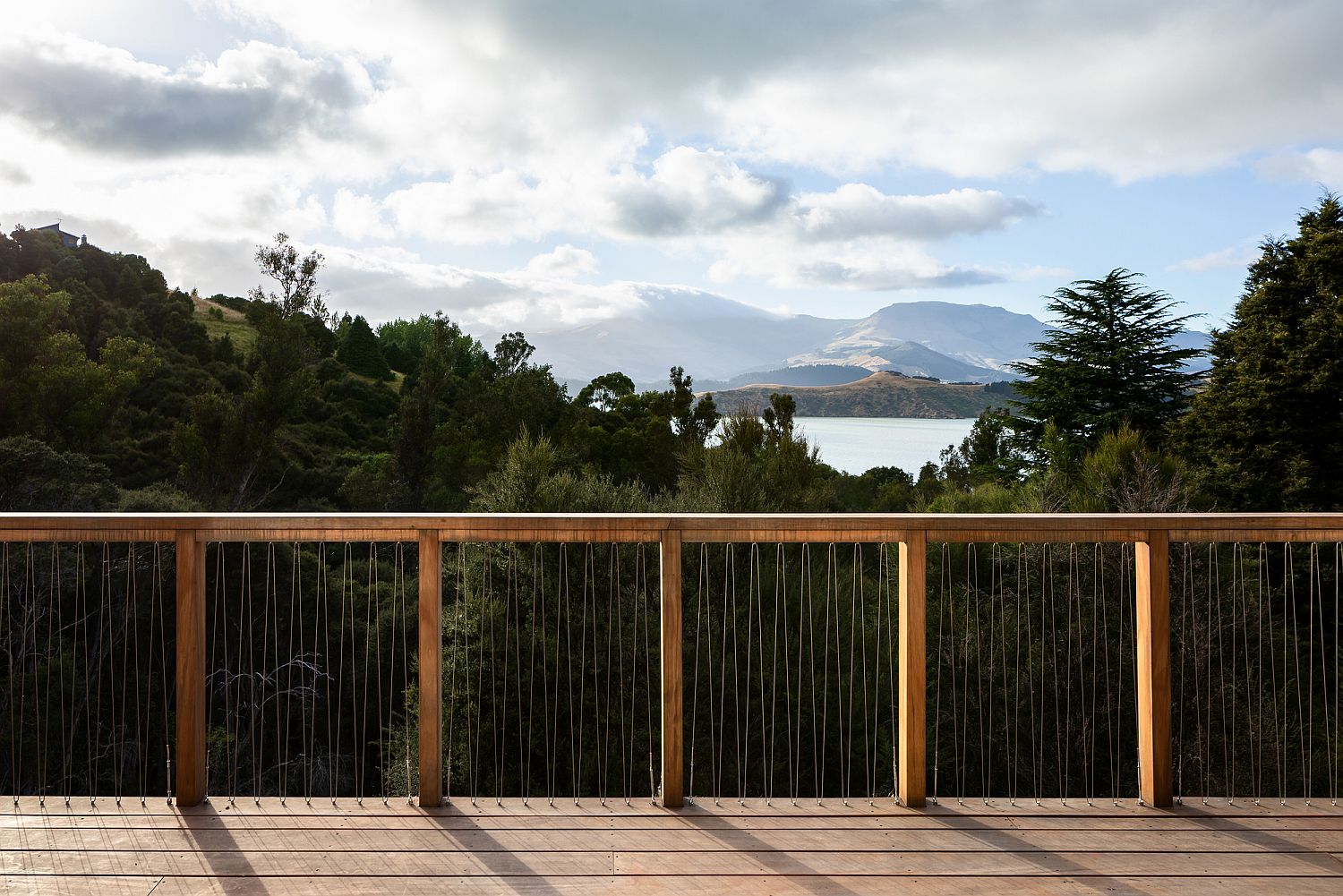 Look outside at the Lyttelton Harbour from the deck of the house