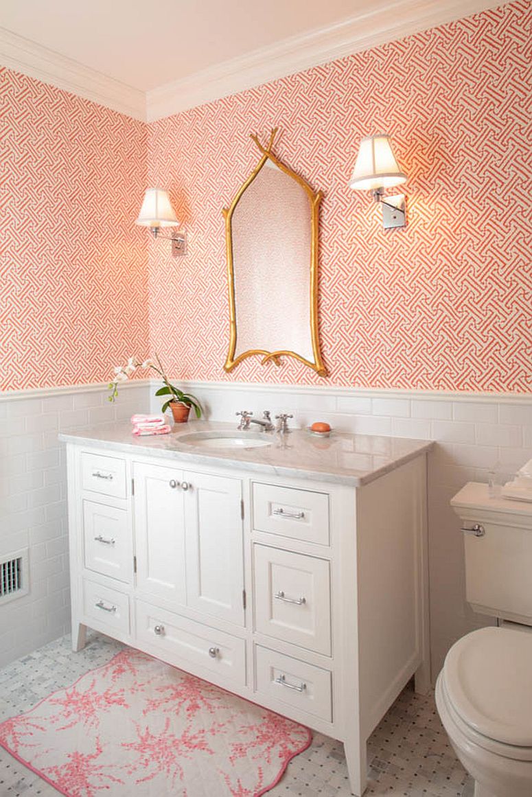 Pink-powder-room-with-geo-style-wallpaper