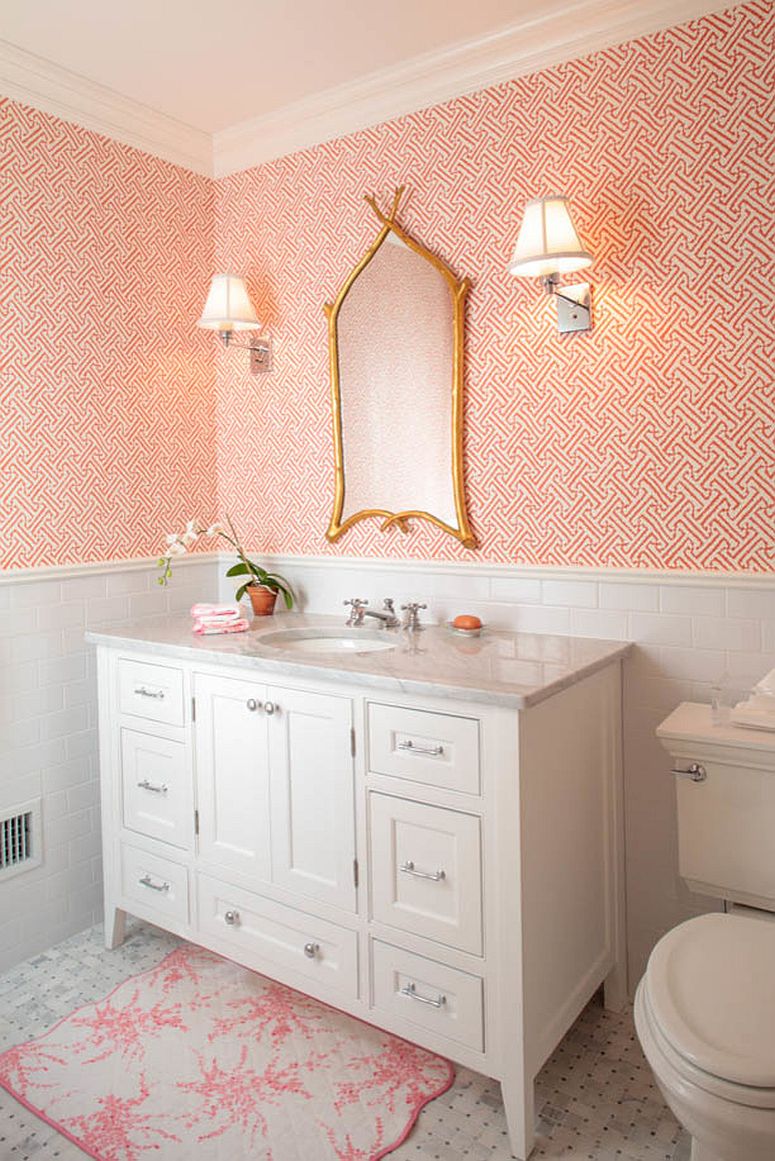 Pink powder room with geo style wallpaper