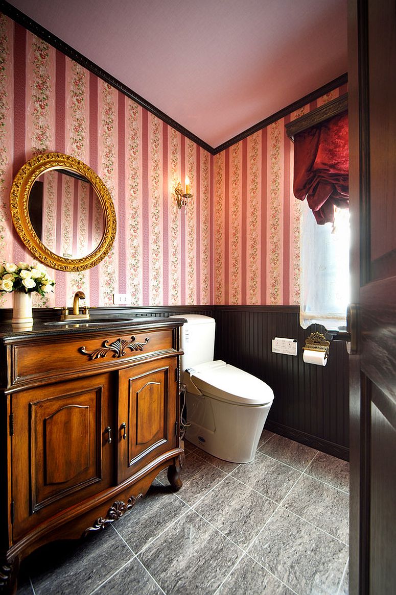 Shabby chic style powder room with pink charm