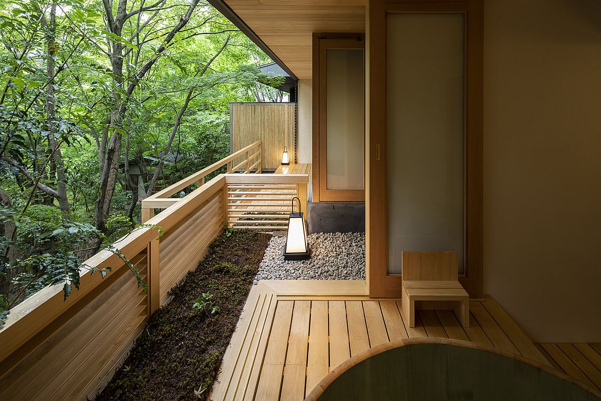 Small wooden decks overlooking the garden at the relaxing Japanese home