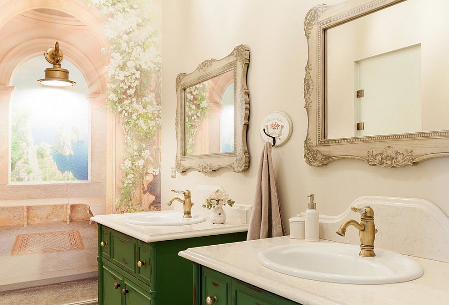 Twin vanities in dark green for the brilliant shabby chic powder room