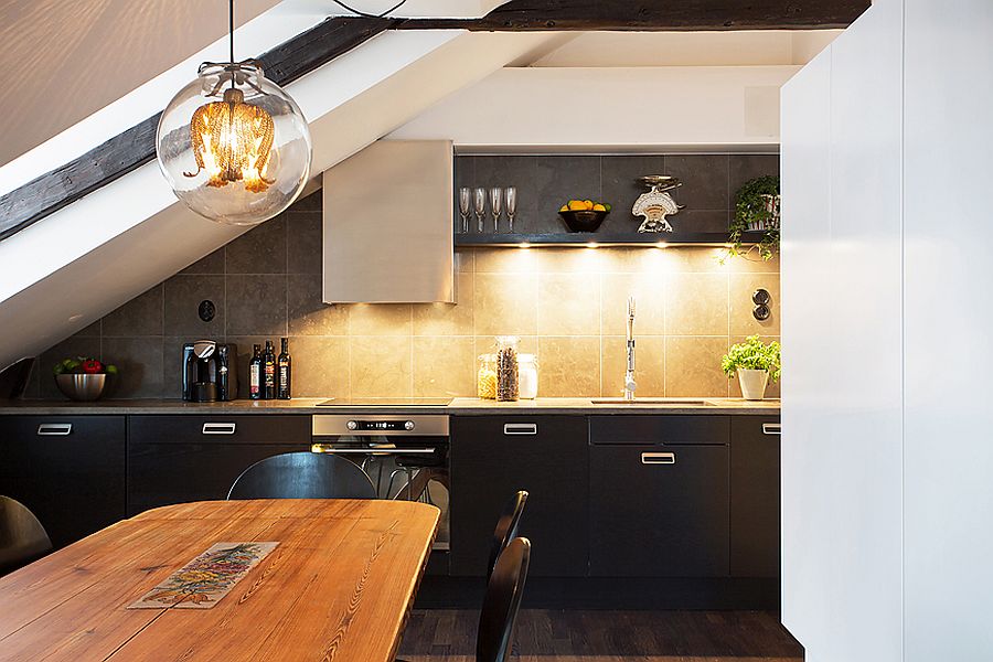 Brilliant use of LED lights illuminates the kitchen counter in the tiny kitchen