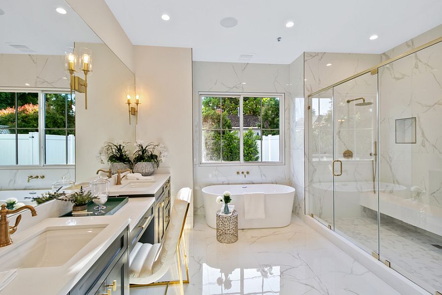 Gorgeous bathroom of LA home with golden accents and ample space