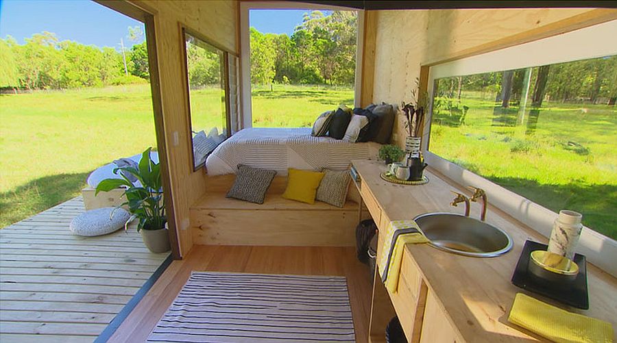 Kitchen station next to the bed inside the small cabin