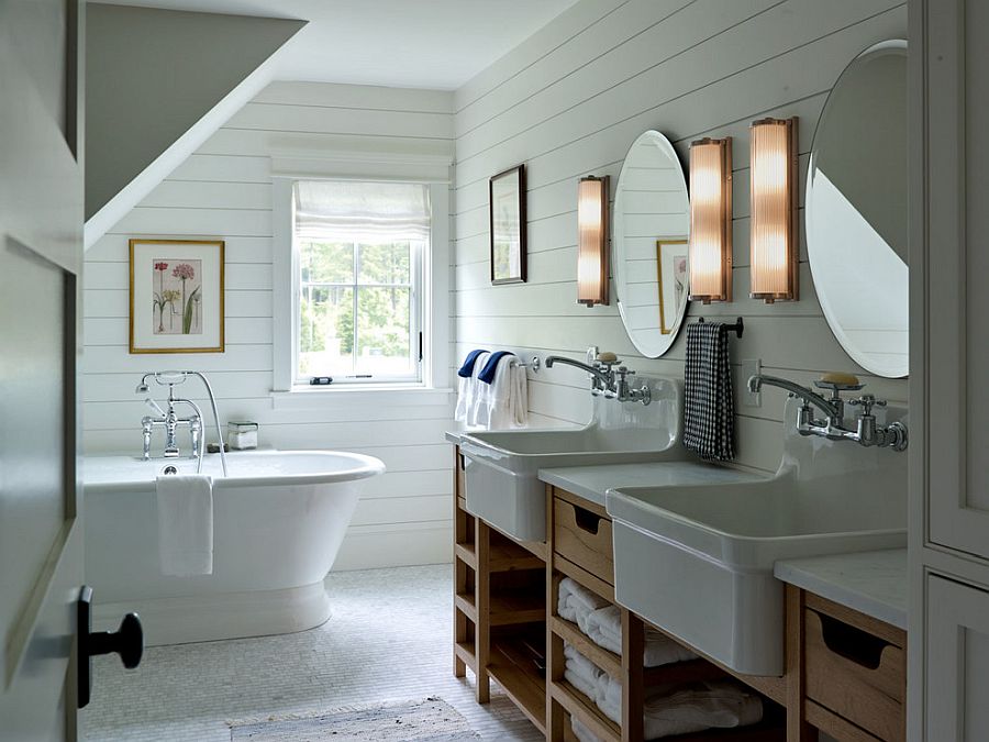 Small farmhouse bathroom in white with ample naural lighting