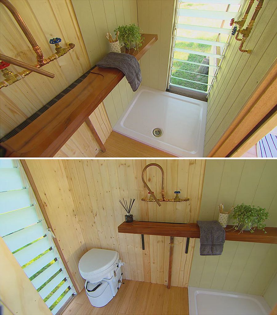 Toilet and bathroom inside the tiny cabin