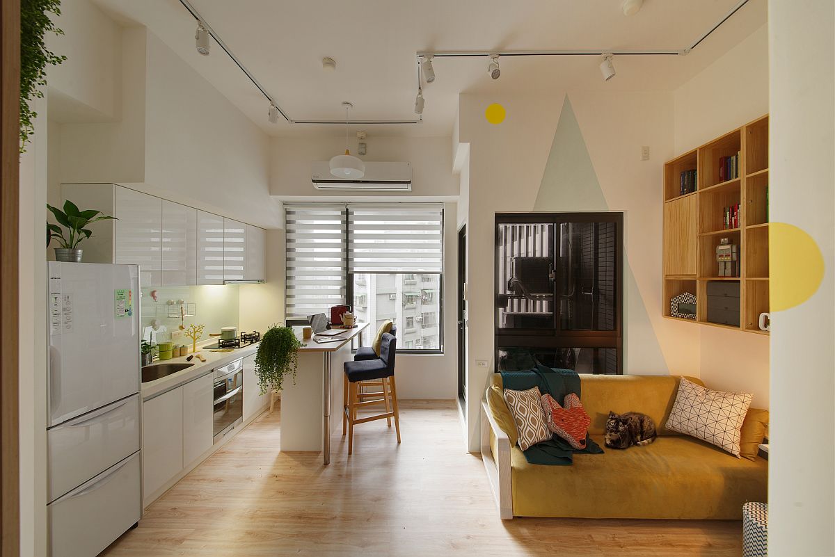 Track lighting is used to illuminate the kitchen along with the living space next to it