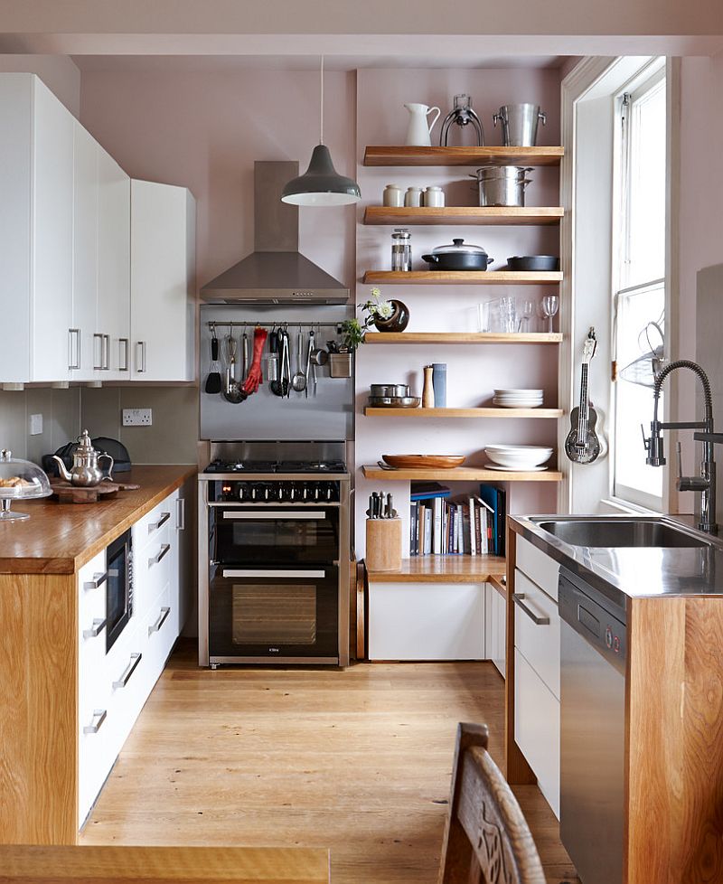 Use of single pendant and window for the small kitchen in white