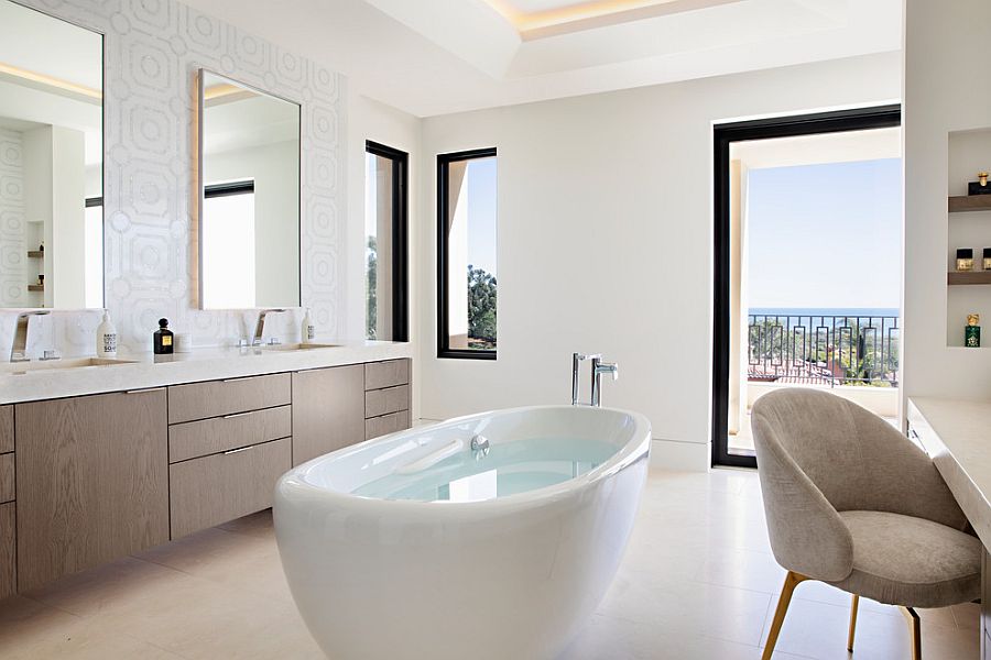 Window frames and accents bring black to this bathroom in white