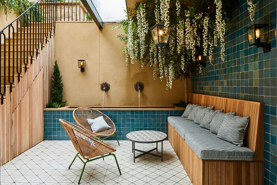 Basement courtyard with innovative seating and green glitz!