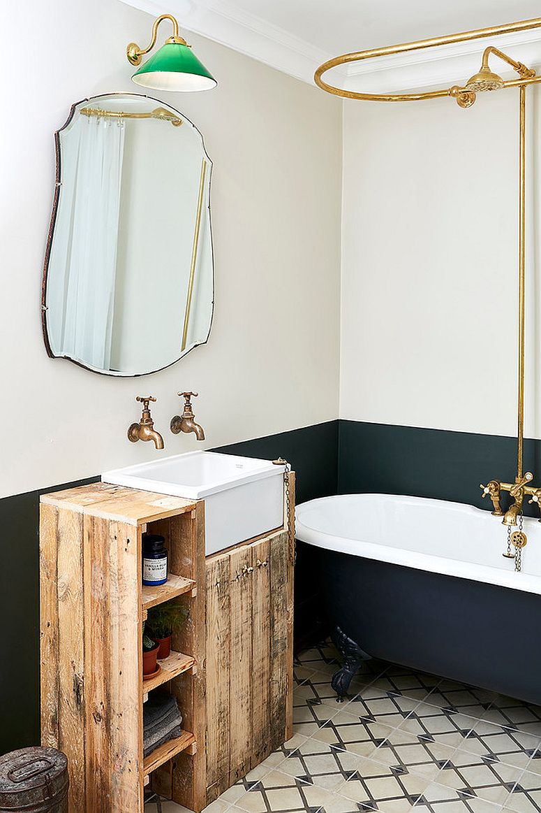 Brass faucets and fixtures make a big visual impact in this bathroom