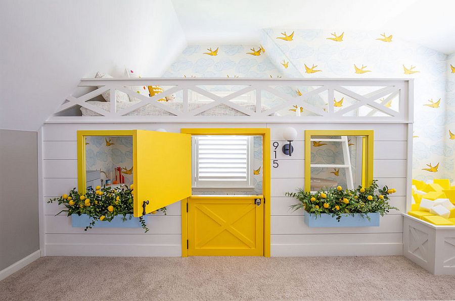 Brilliant-yellow-accents-in-the-bedroom-in-white-with-innovative-bed-above-and-play-area-below