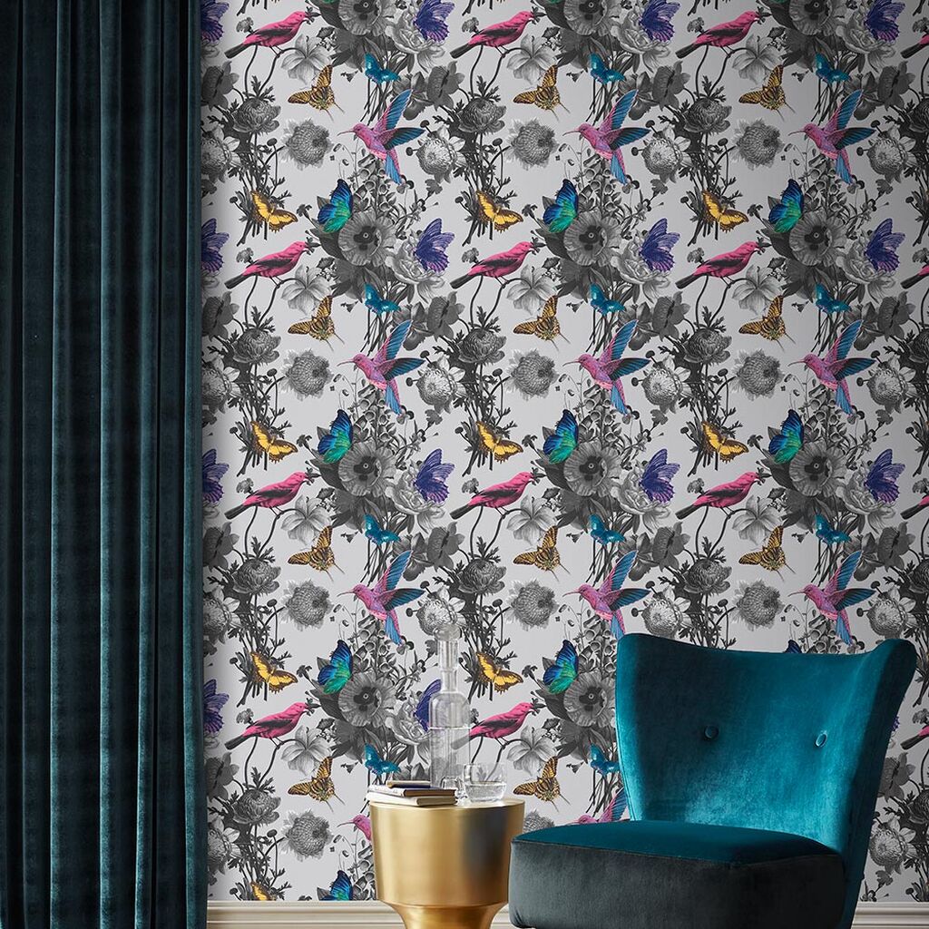 pink yellow and teal birds on white wallpaper background