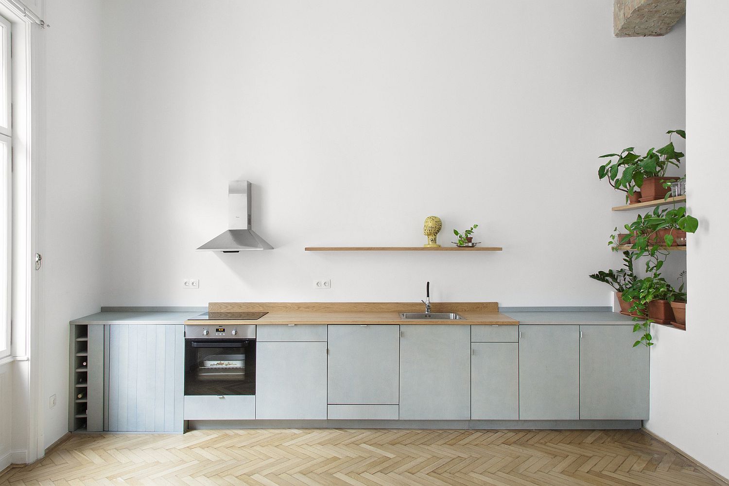 Gorgeous white and wood kitchen with light-blue cabinets