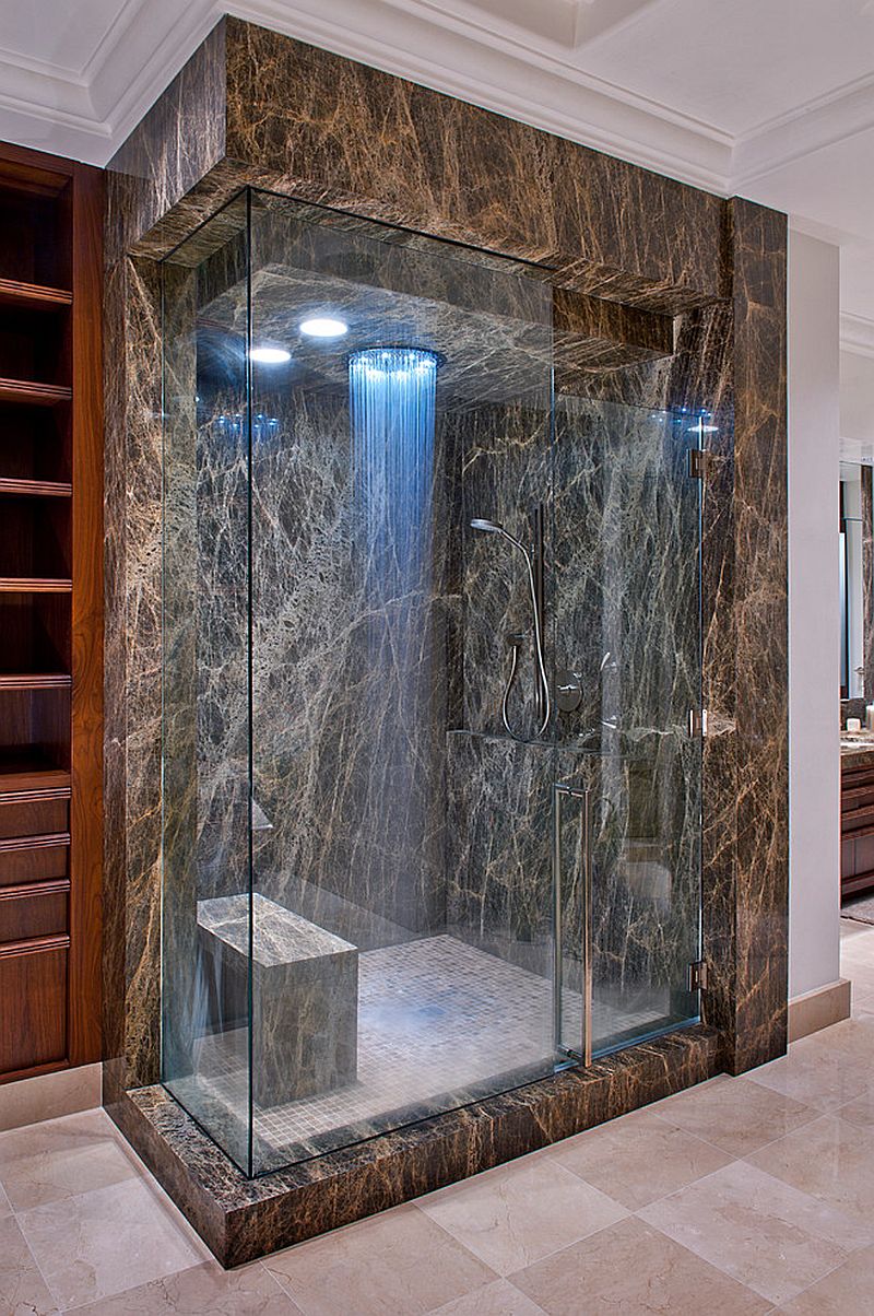 LED lighting accentuates the rainfall shower in here