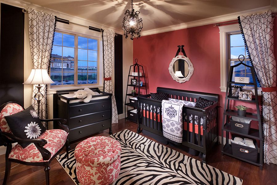 Rug with zebra print and dark pink walls for the Mediterranean style nursery