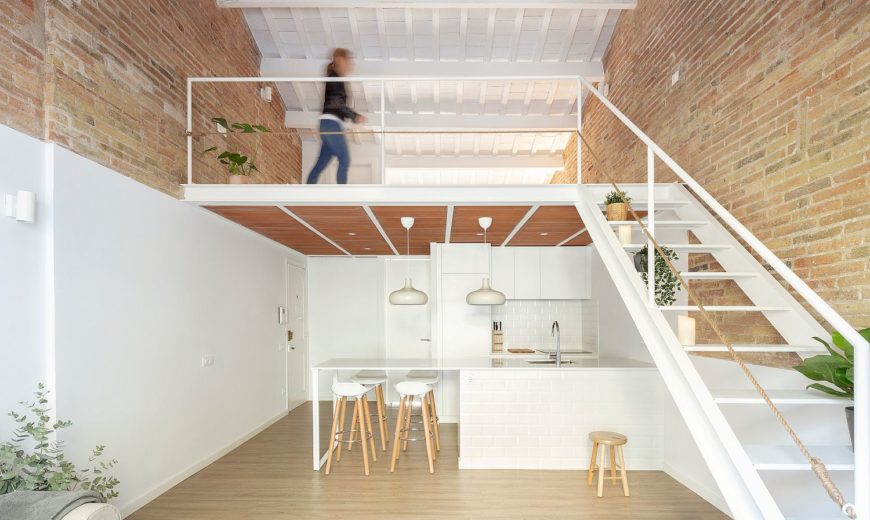 Tiny Barcelona Home Refurbishment in White, Brick and Wood with Mezzanine Level