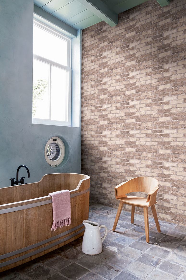 Using the brick wallpaper in modern bathroom