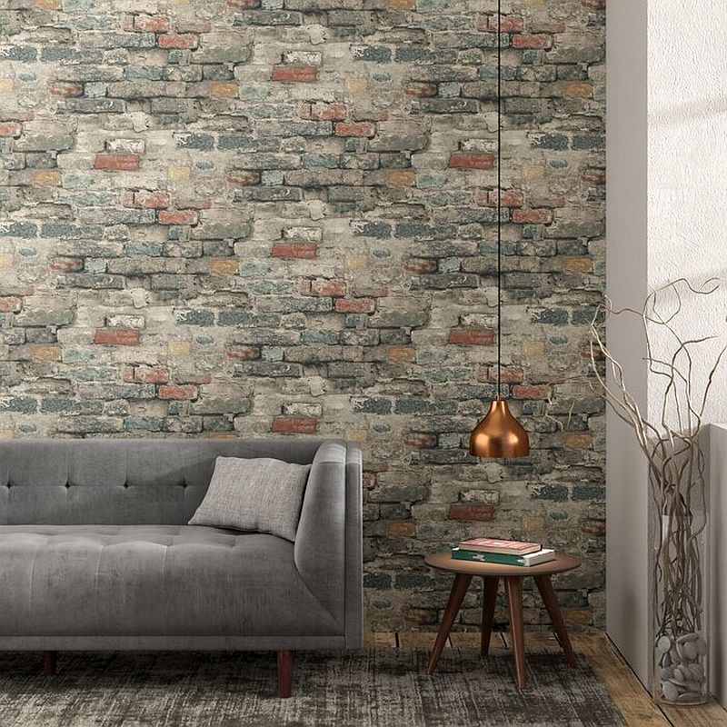 Wallpaper brings the weathered brick wall look to your home