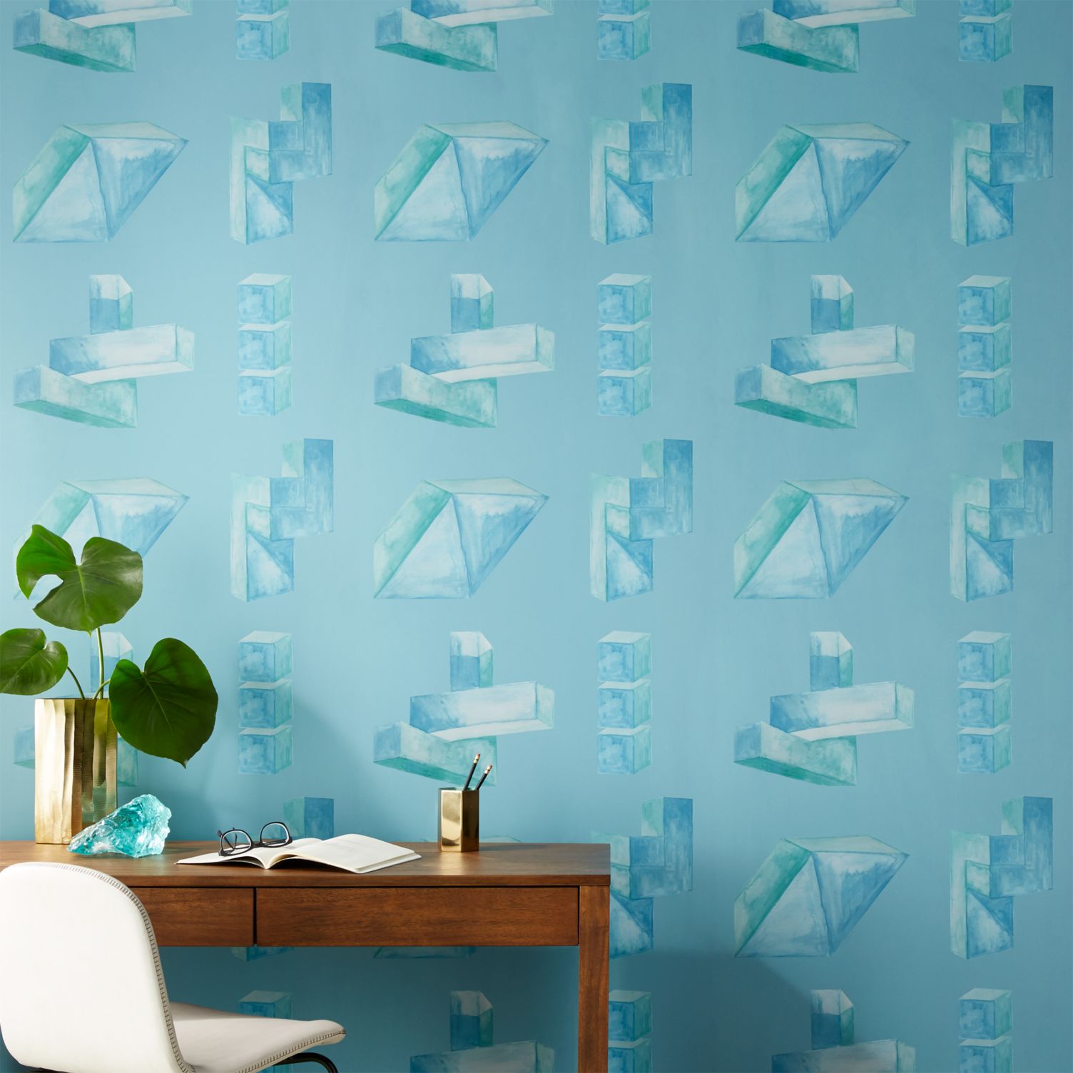 light blue and green wallpaper with soft brush geometric patterns