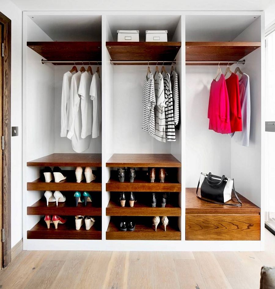 Wooden shelves for the small closet in white brings warmth and freshness
