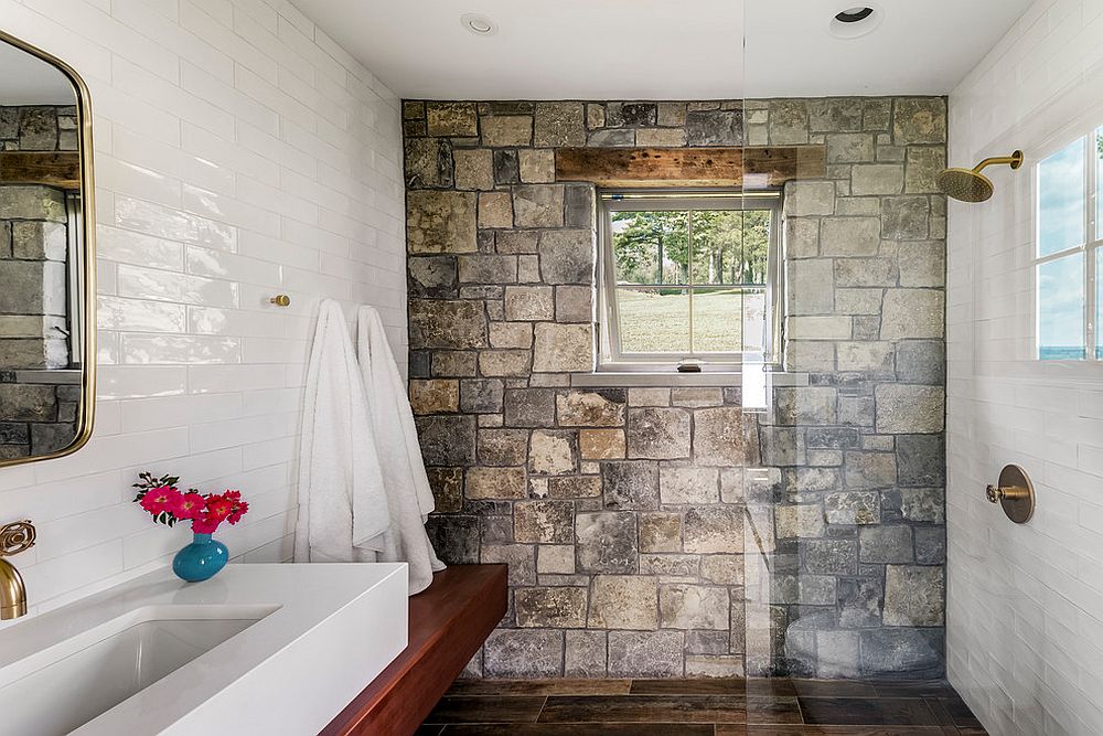 Small Rustic Bathrooms 15 Fabulous Ideas For Everyone   Aceent Stone Wall For The Smal Rustic Bathroom With Tiled Walls In White 