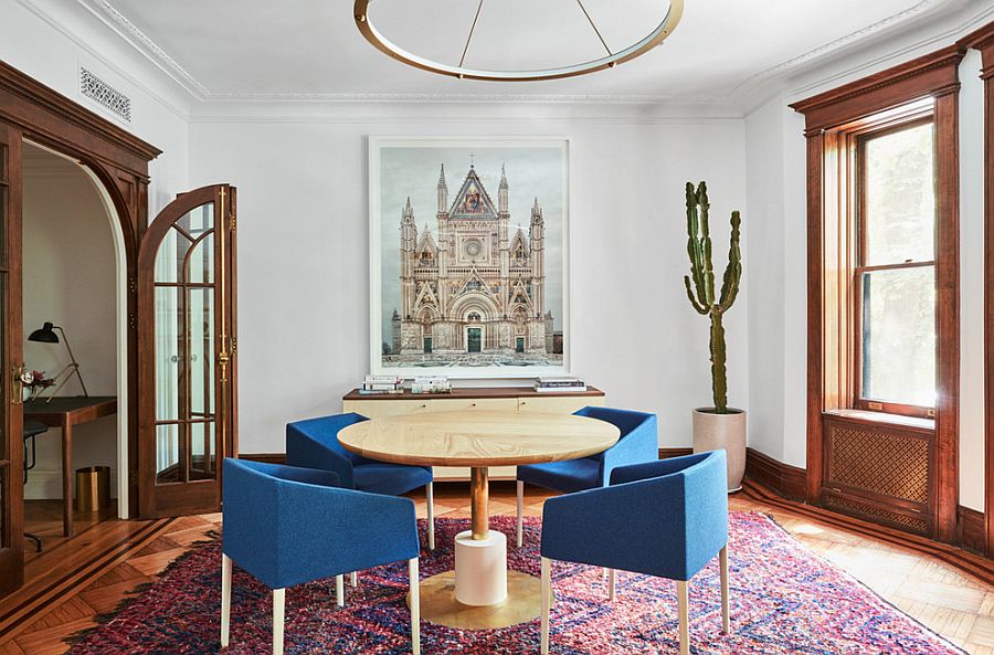 Beautiful-rug-adds-to-the-color-scheme-of-thise-dining-roo-in-New-York-City-home