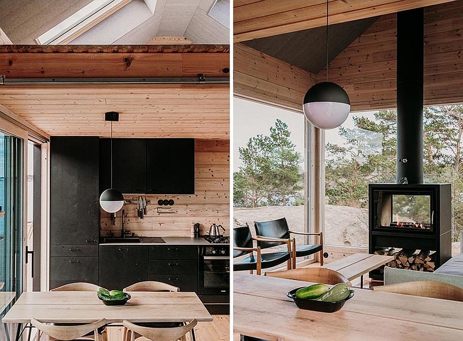 Black accents and cabinets through out the cabin anchor it and provide visual contrast