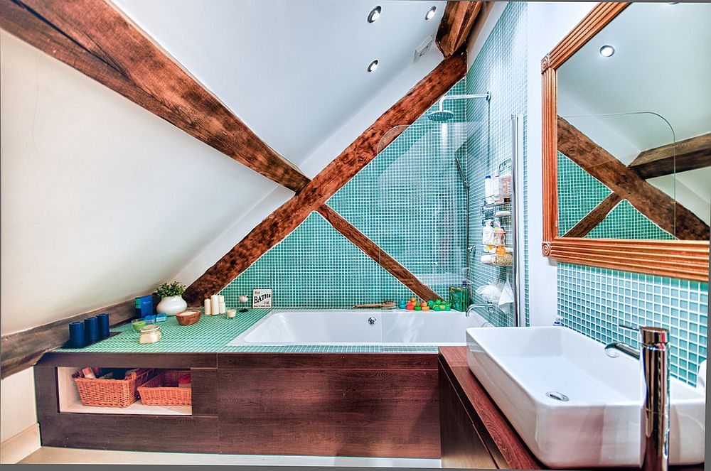 Colorful and unique small rustic bathroom with smart design and exposed wooden beams