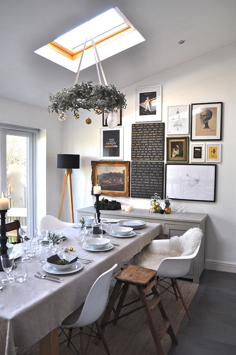 Combining Christmas decorations with custom gallery wall and eclectic touches in the dining room