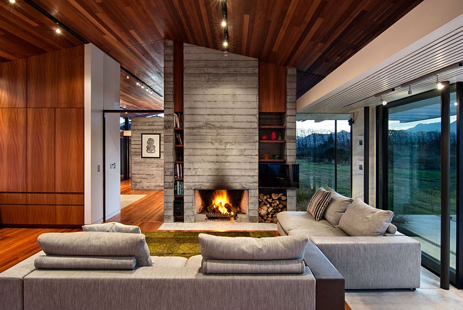 Concrete fireplace for the modern living room in wood
