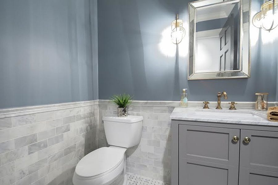 Small Gray Uest Bathroom With White Vanity