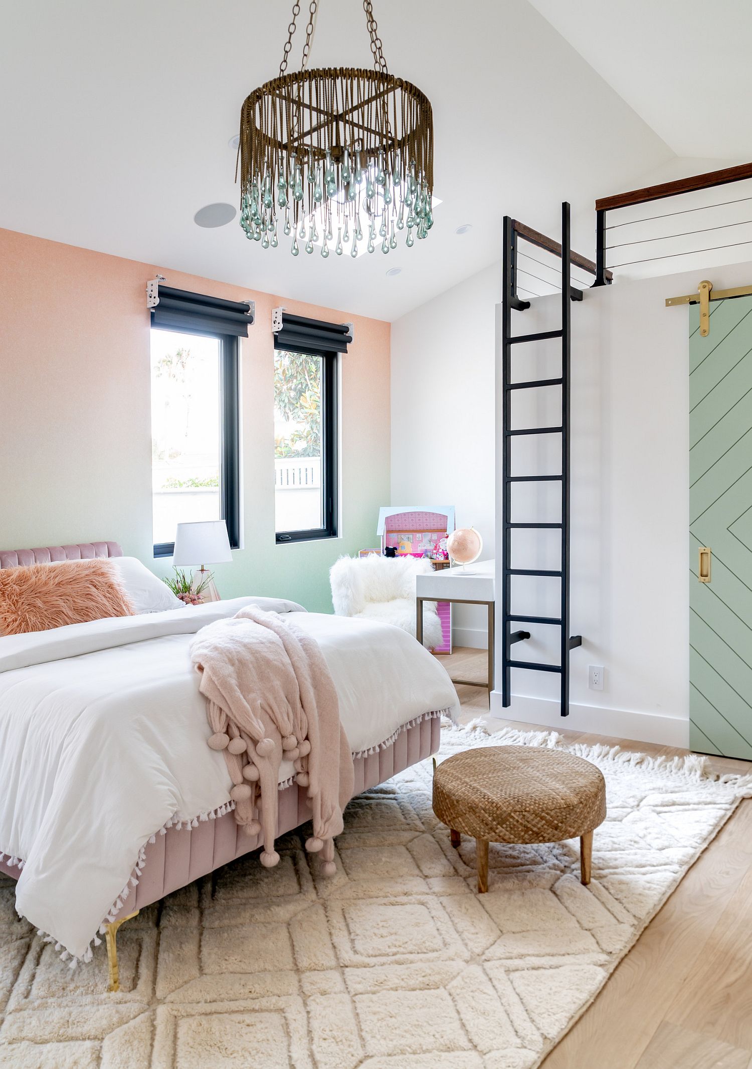 Lovely girls' bedroom in pastel hues feels elegant and modern