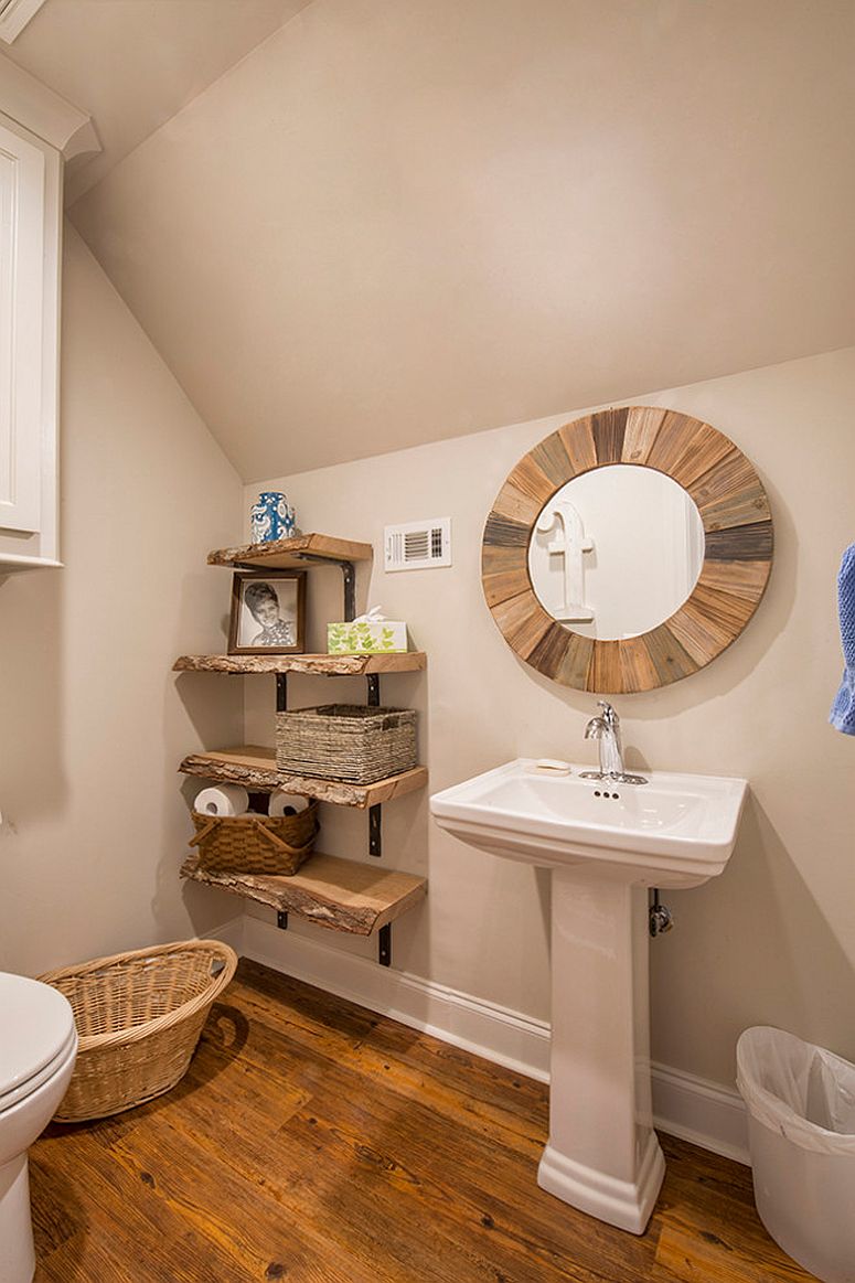 Maximizing space in the corner with small shelves in the tiny rustic bathroom