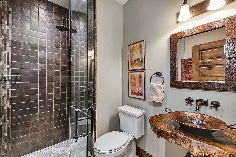 Natural wood vanity for the small rustic bathroom in white