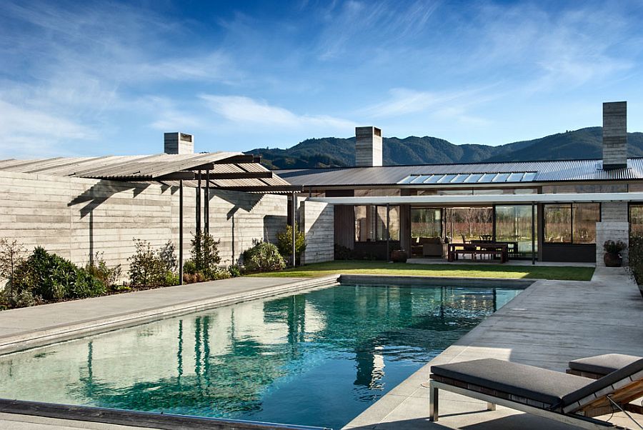 Pool area, garden and the covered patio outside the Wairau Valley House