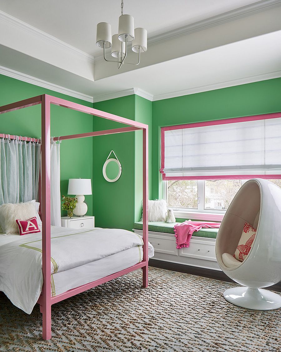 Pretty-kids-bedroom-in-green-with-pops-of-pink-that-give-the-space-a-festive-look