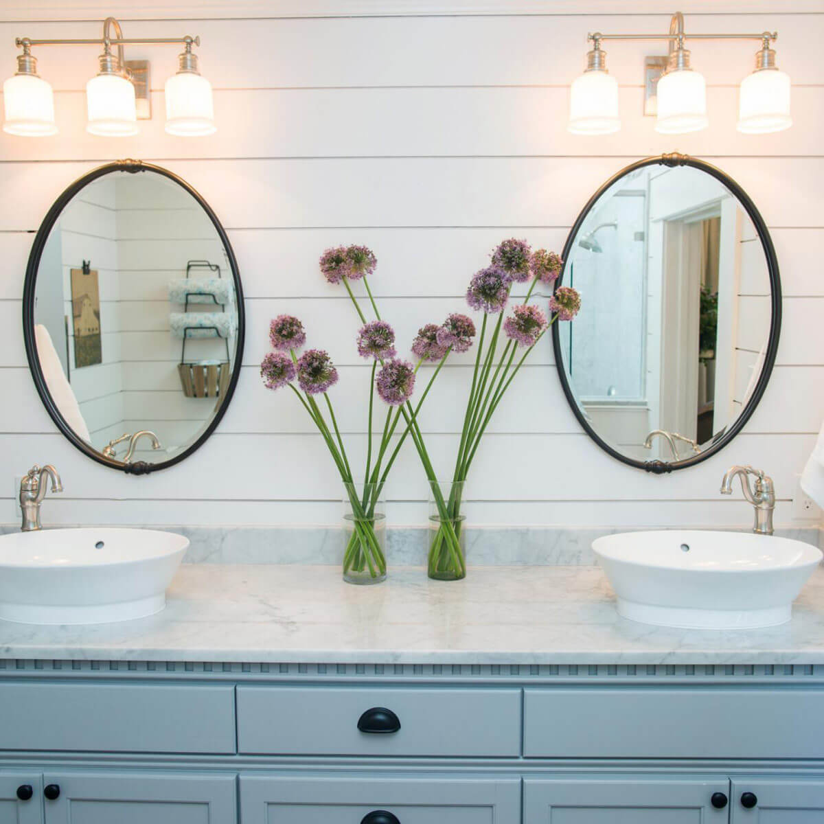 Round Mirrors In Bathroom With Shiplap Decor