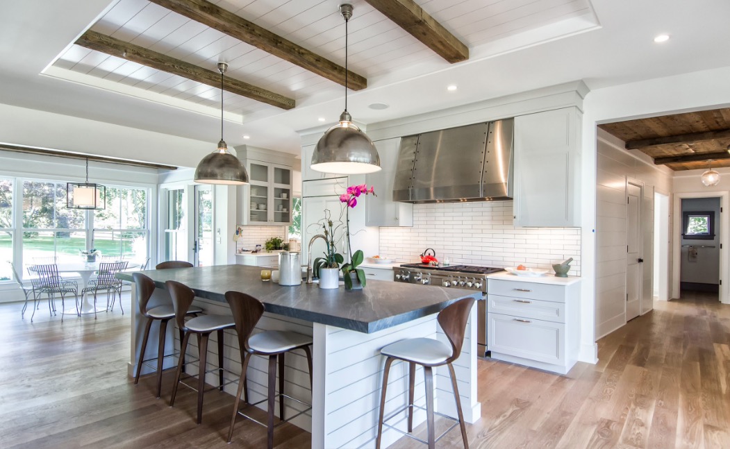 Shiplap In Large Modern Kitchen and Dining Area