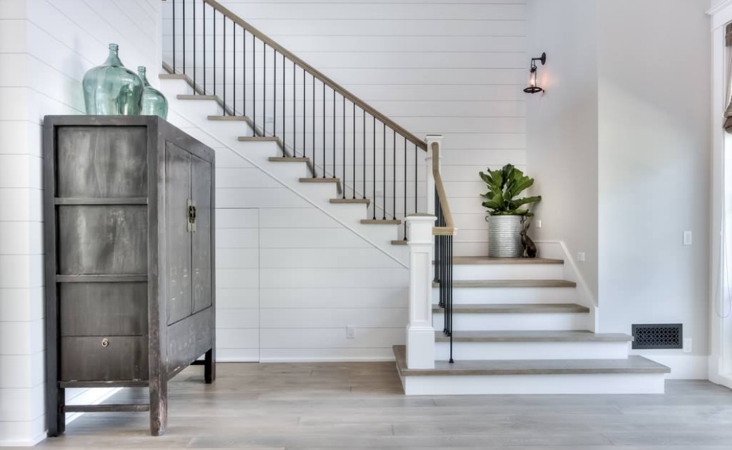 Staircase with modern and traditional Shiplap