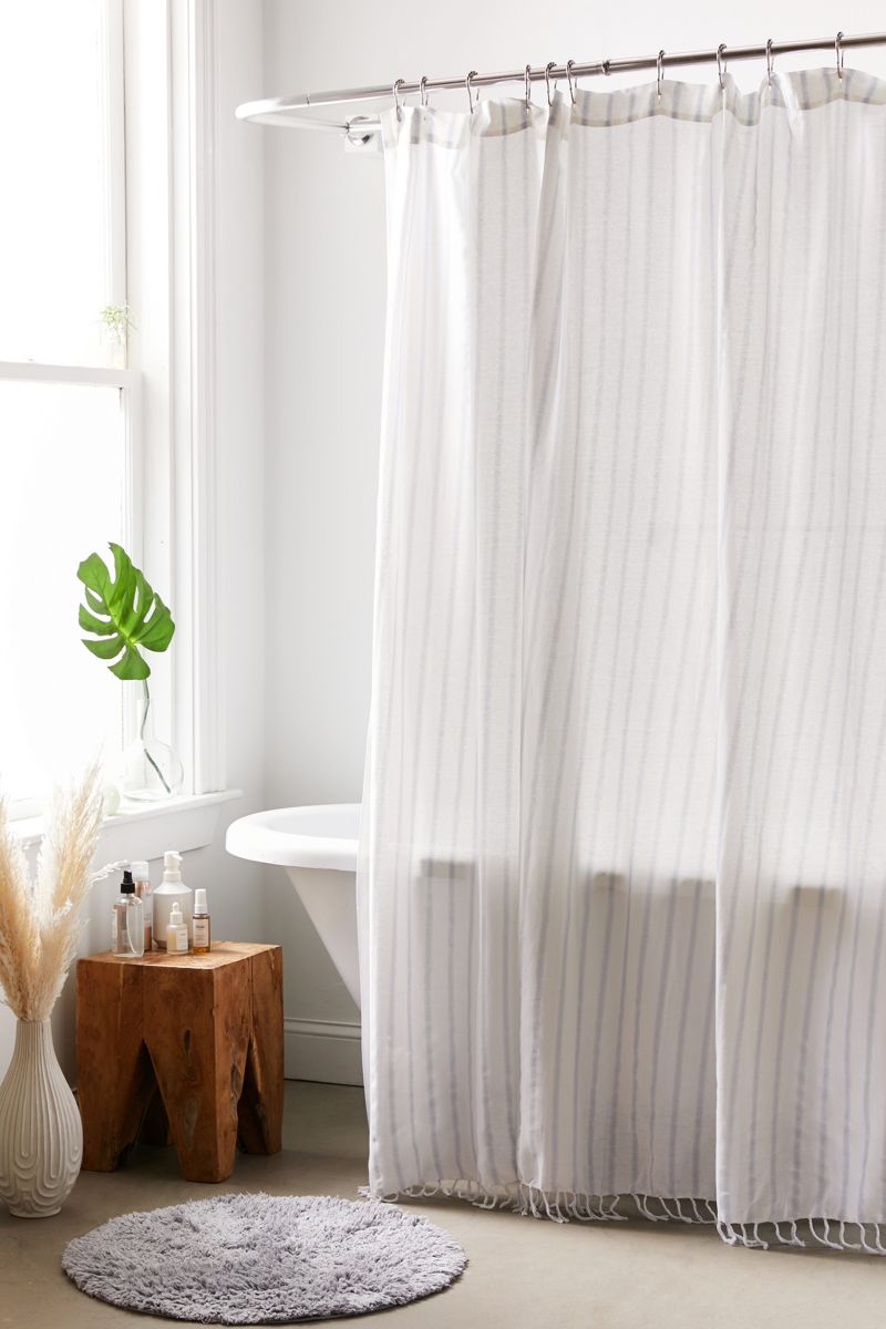 Striped shower curtain with fringe