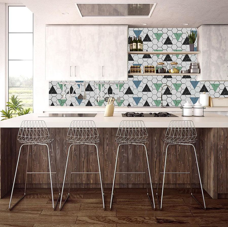 Stunning kichen backsplash brings geo style to this dashing modern kitchen