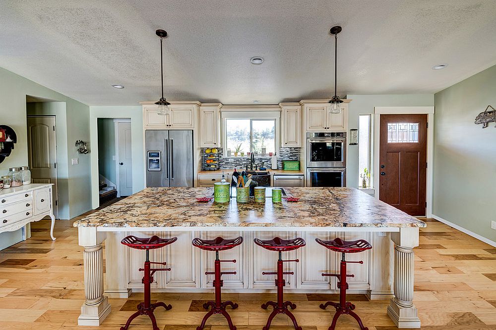 Tractor bar stools usher in industrial appeal into a classic farmhouse style kitchen