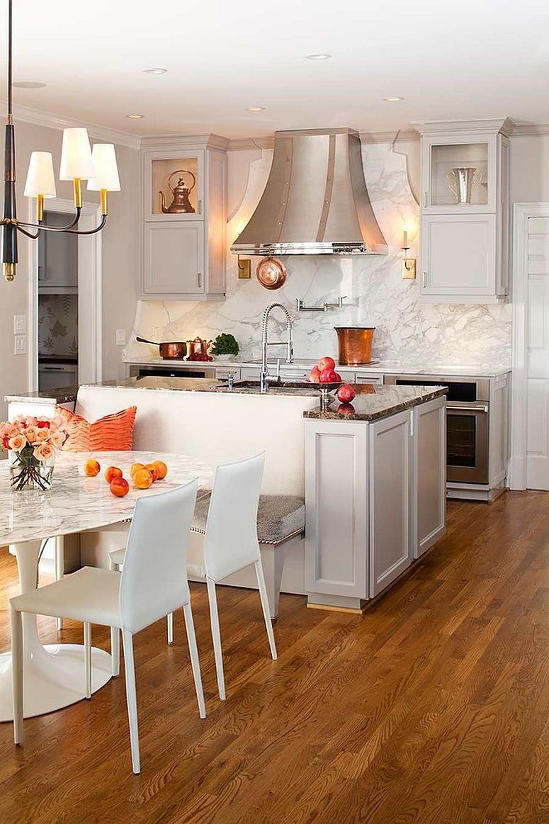 Transitional kitchen in white with a fabulous marble backsplash