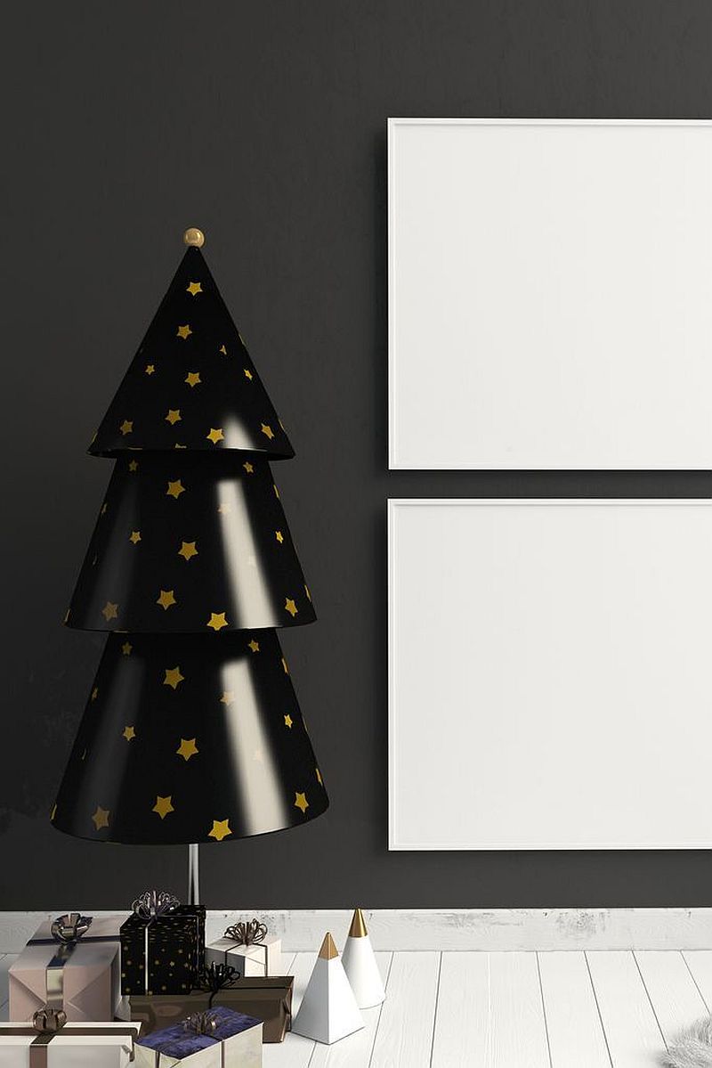 Black Christmas tree with golden stars all over.