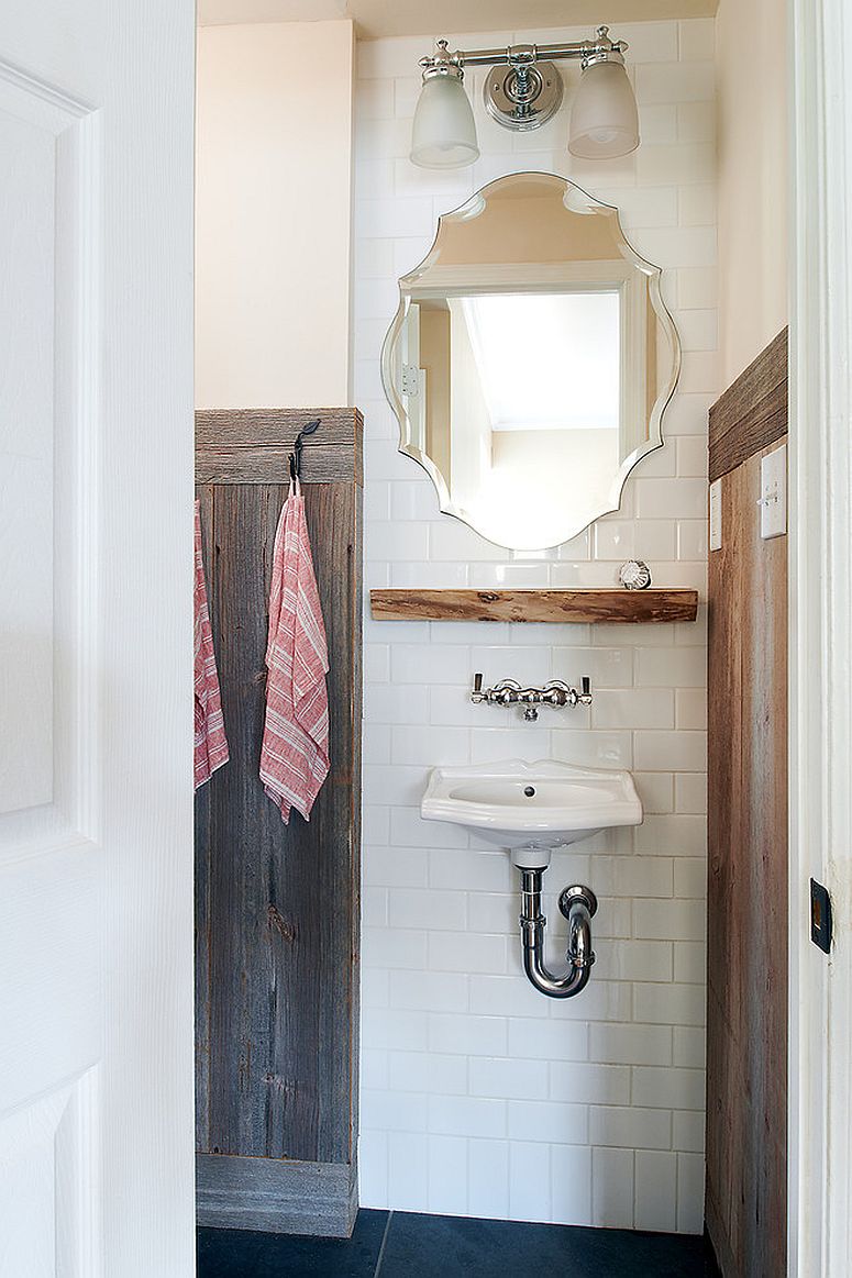 Using white in the small rustic bathroom gives it a more modern look