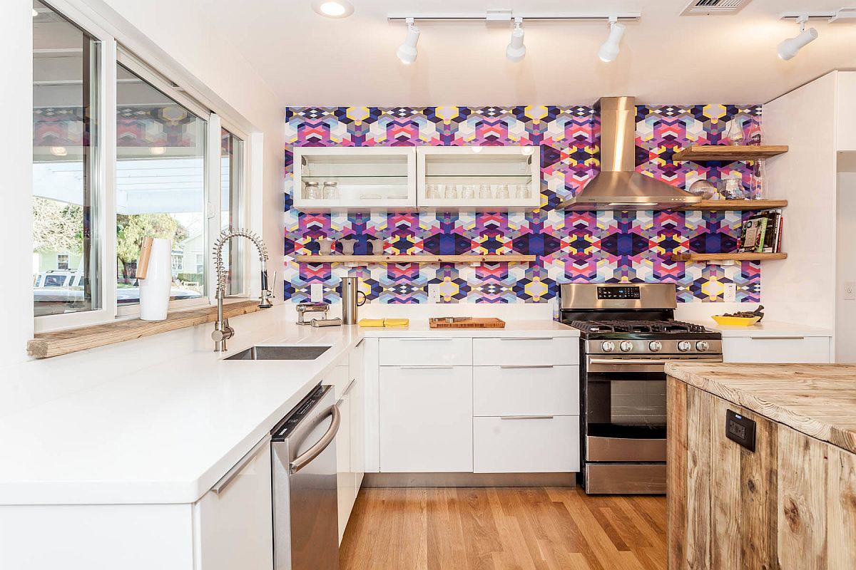 Vivacious multi-colored, tiled backspalsh for the modern kitchen